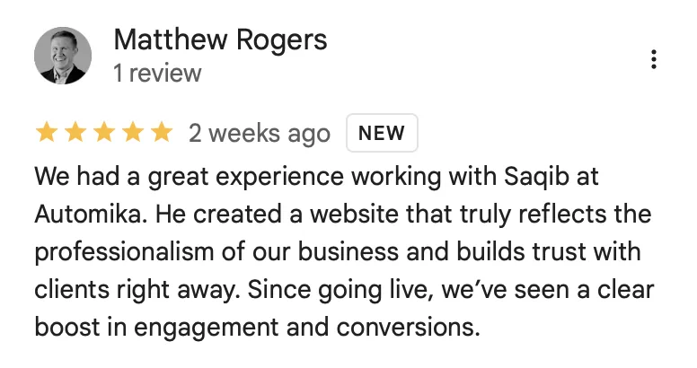 Public Google review left by Matthew Rogers of Align Marketing for Automika