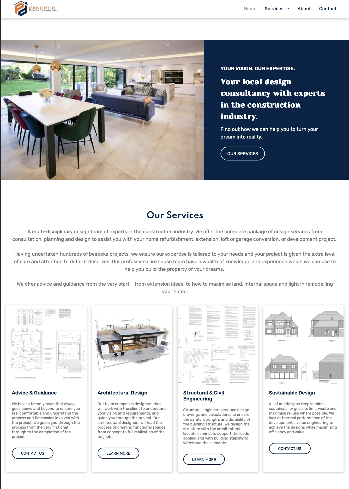Panoptic Design homepage before: dated brochure-style presence with limited enquiry structure
