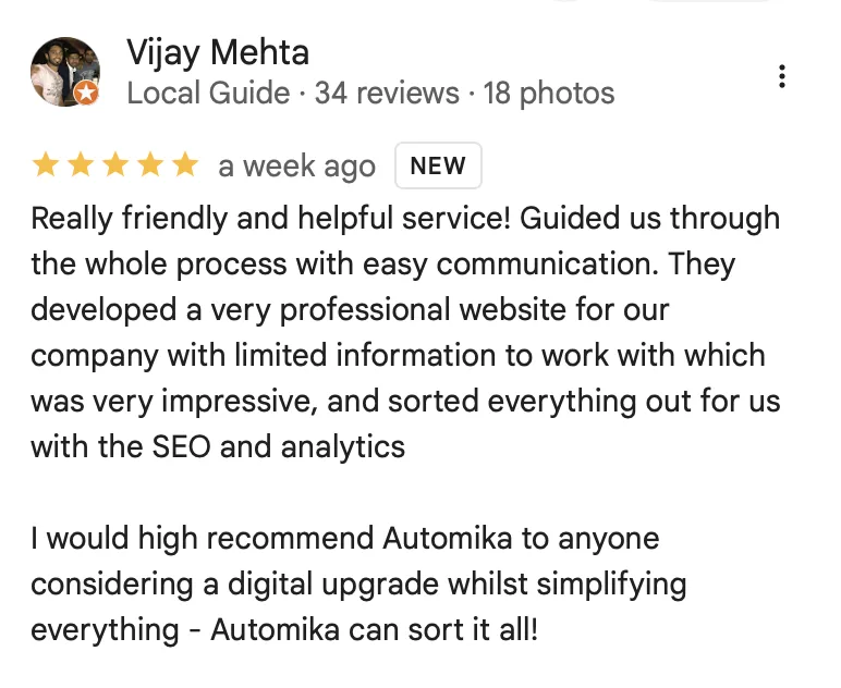 Public Google review left by Panoptic Design for Automika after the website rebuild