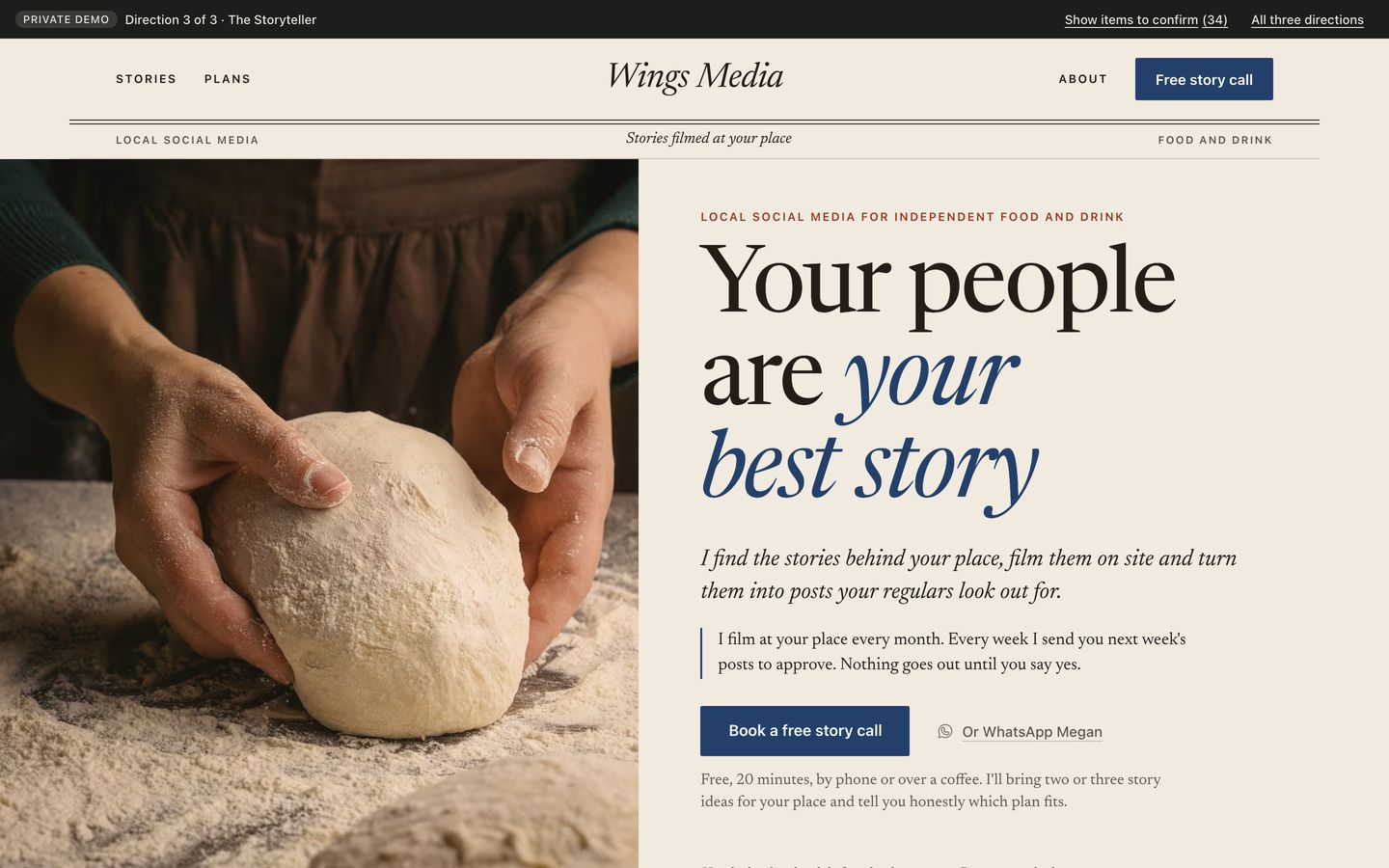 The Storyteller: the home page's first screen on a laptop