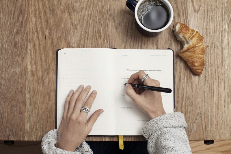 Overhead view of a hand writing in an open notebook beside a coffee and a croissant.