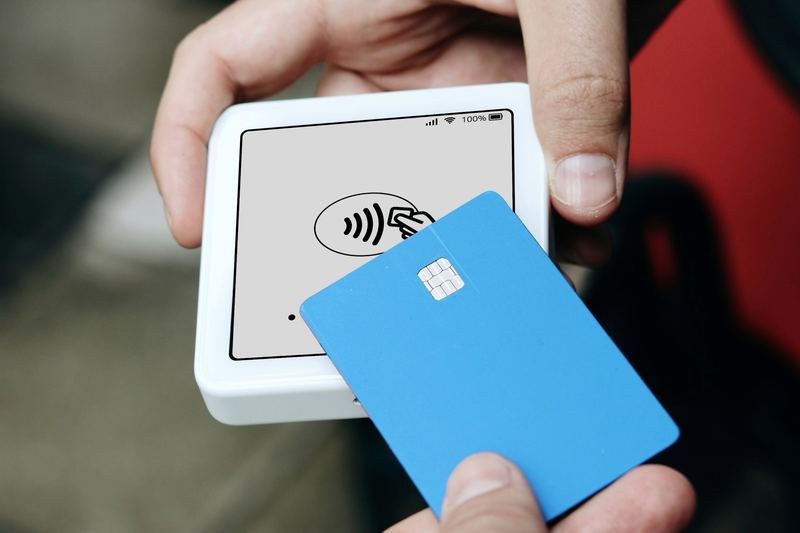 Two hands holding a bank card to a contactless card reader.