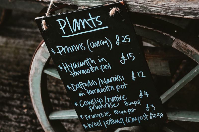 A hand-lettered chalkboard price list hanging on a wooden market cart.