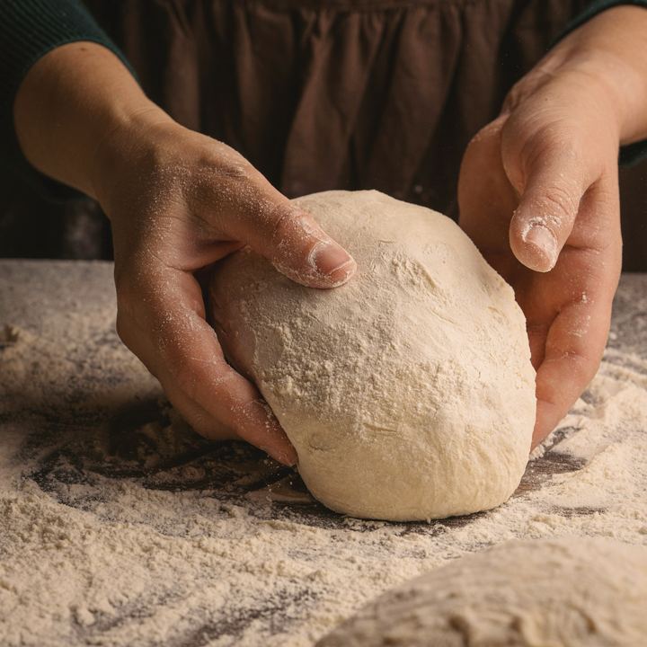 Floured hands shaping a ball of dough on a work surface.