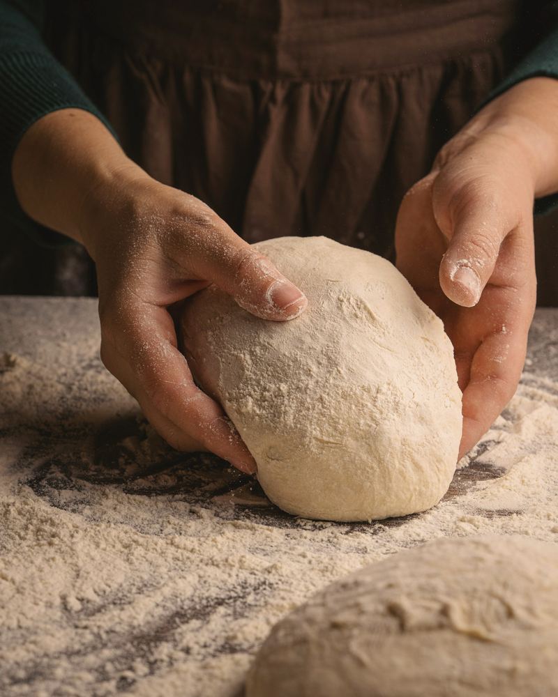 Floured hands shaping a ball of dough on a work surface.